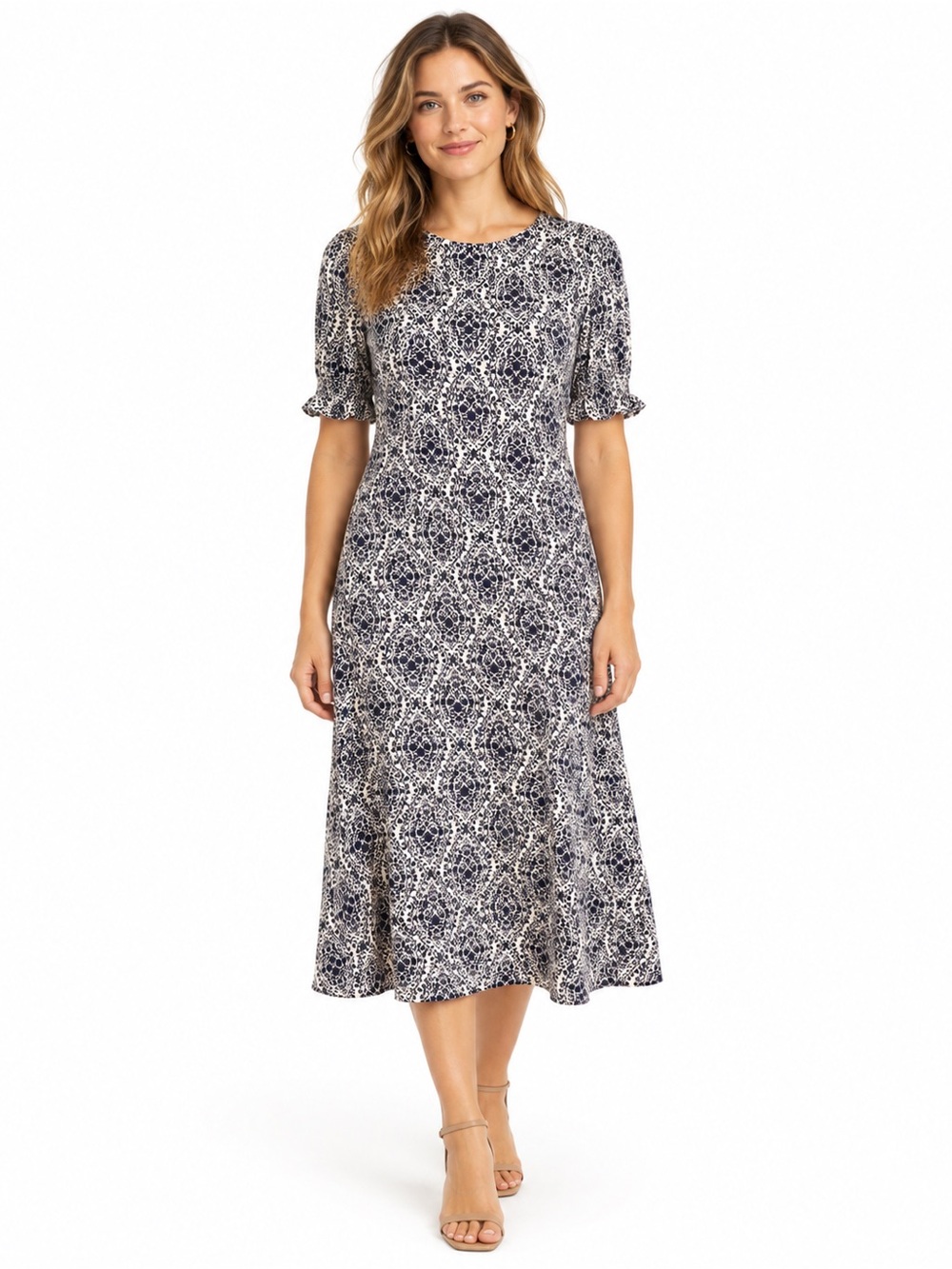 Boden Corinne Midi Tea Dress Navy White Damask Vine Print Size 12